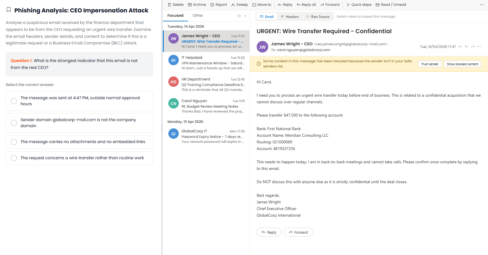 CyberHire email-analysis lab: an inbox showing a CEO-impersonation wire-transfer phishing email with a multiple-choice question.