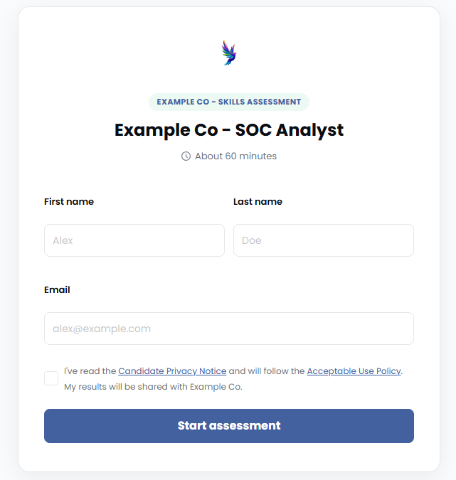 A candidate assessment start page in the company's branding: their logo, their blue primary colour on the Start assessment button, and the company name throughout.