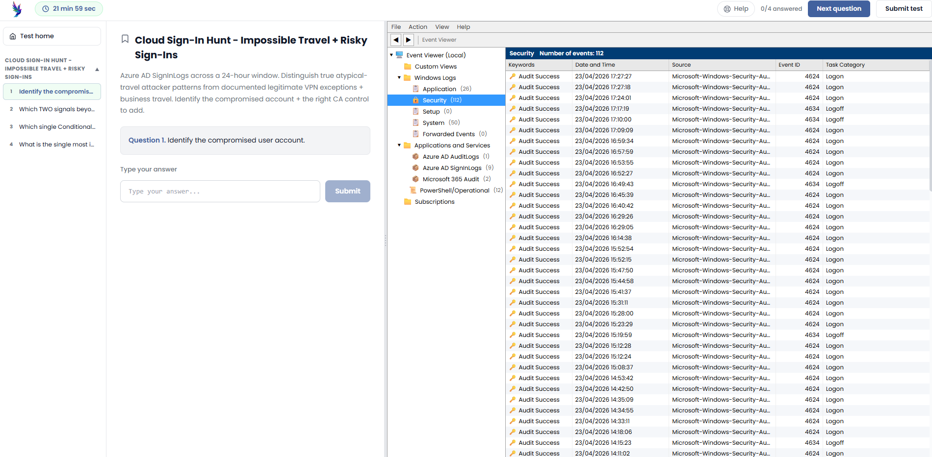 A log analysis challenge titled Cloud Sign-In Hunt - Impossible Travel + Risky Sign-Ins: an Event Viewer showing Windows security logs alongside Azure AD SignInLogs, Azure AD AuditLogs and Microsoft 365 Audit channels, beside a question asking the candidate to identify the compromised user account.